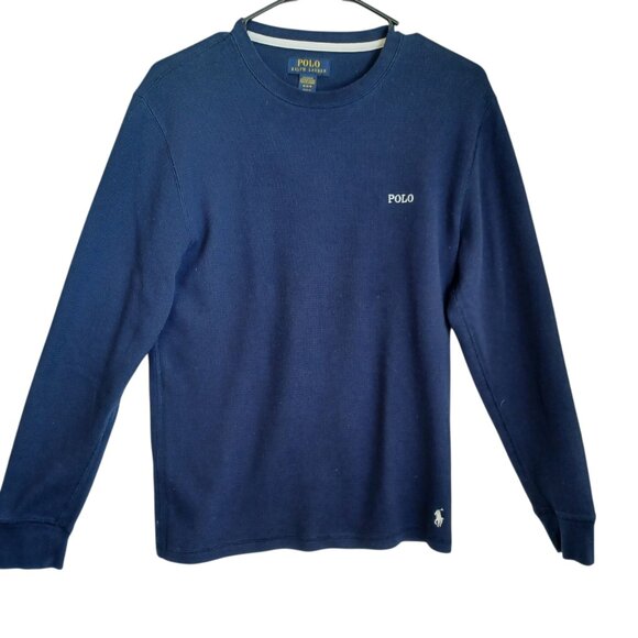 Polo Ralph Lauren Shirt Navy Blue Waffle Knit Pullover Long Sleeve Tee Mens Med - Picture 1 of 9